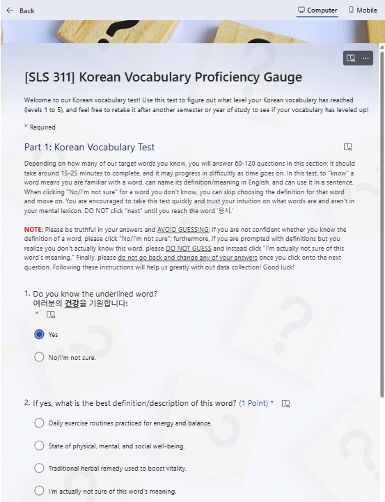 A screenshot of a Korean vocabulary test that I created. Click the image to open the pdf in a new tab.