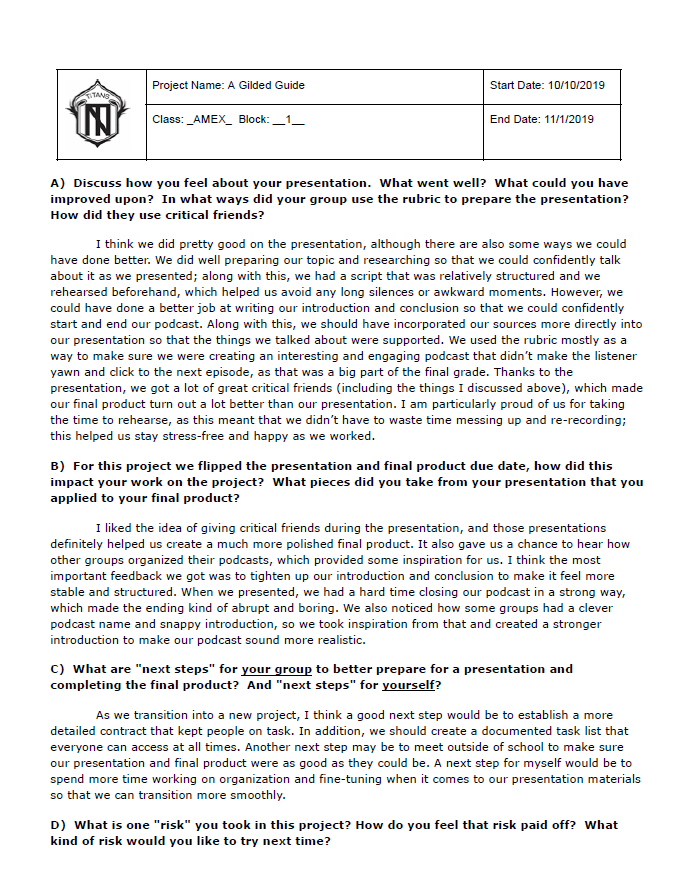 a screenshot of a document showing my project reflections from 2019.